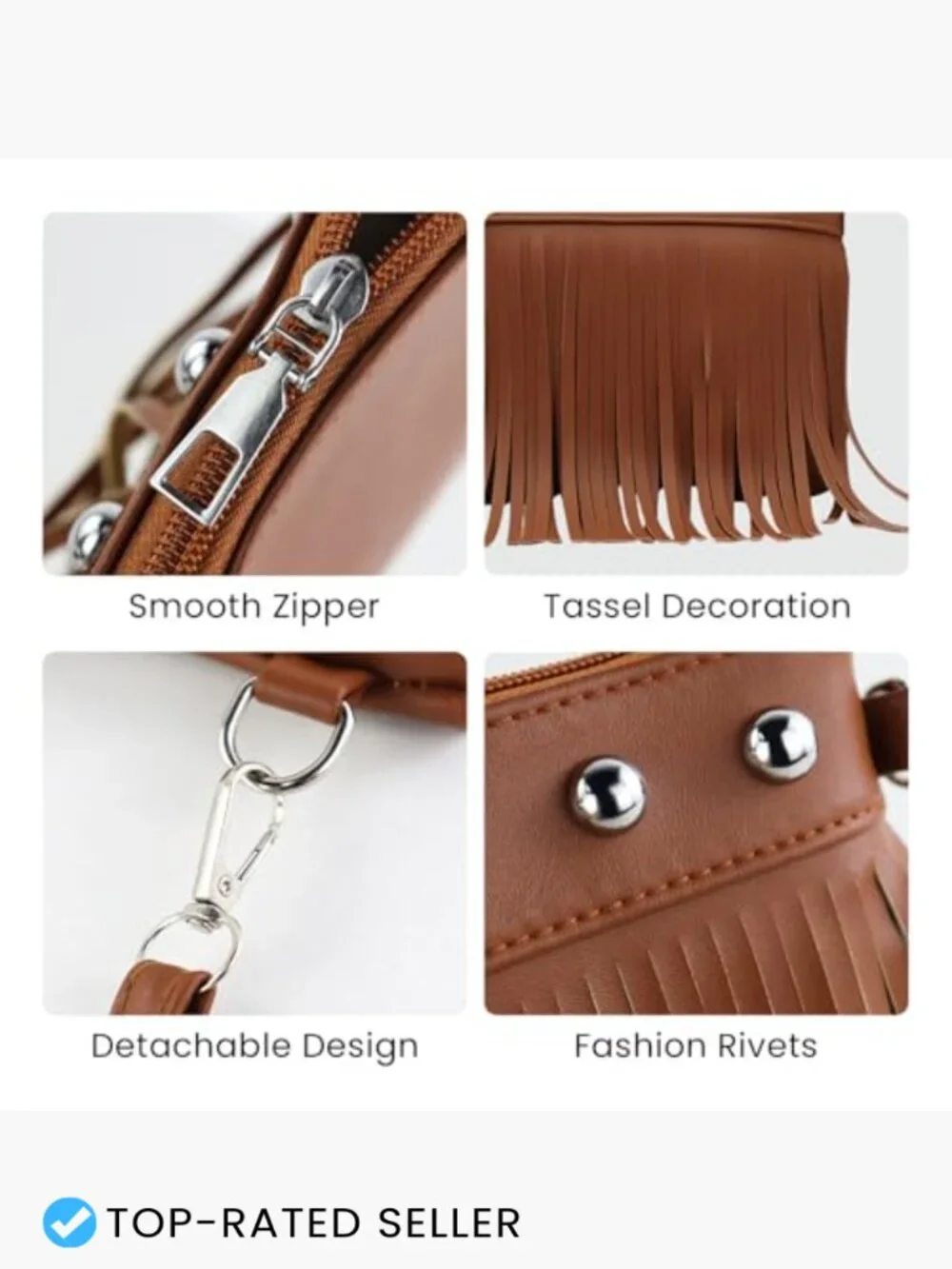 Faux Leather Crossbody Bag with Tassel Rivets Lightweight Versatile Strap